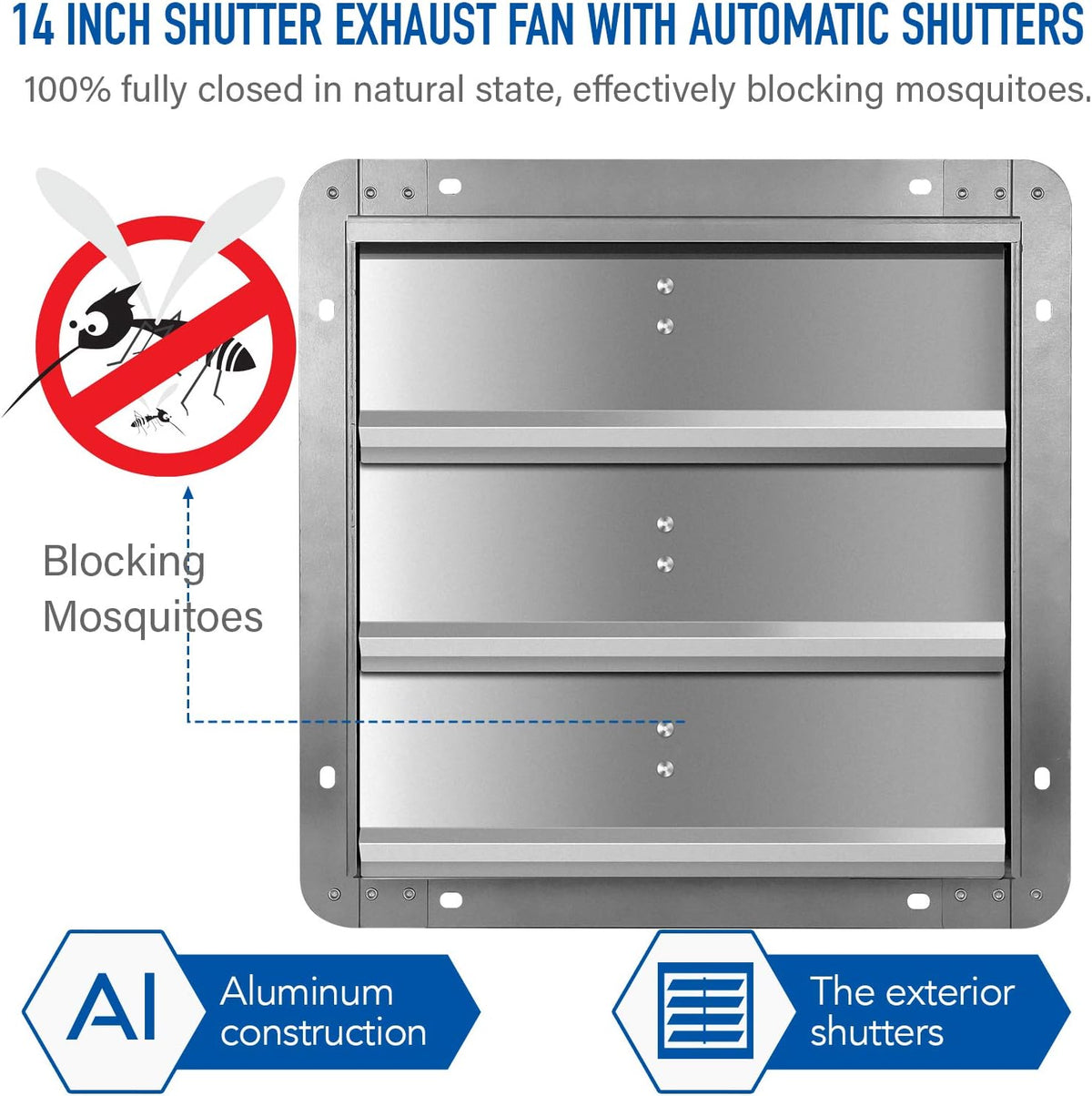 14 Inch Shutter Exhaust Fan Aluminum, 1650RPM, 1000 CFM, 2-Pack, Silver A66361
