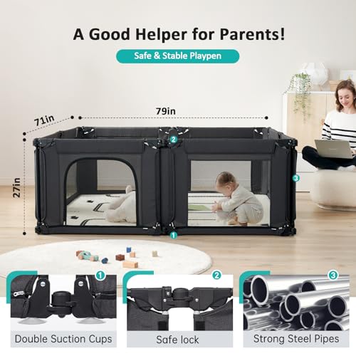 Black Adjustable Large Baby Playpen with Breathable Mesh E5636