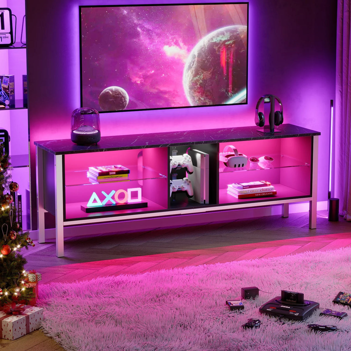 Black Marble TV Stand with Storage Cabinet U573851