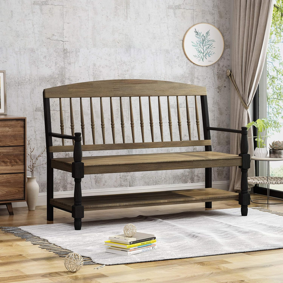 Gray and Black Acacia Wood Bench with Shelf U597