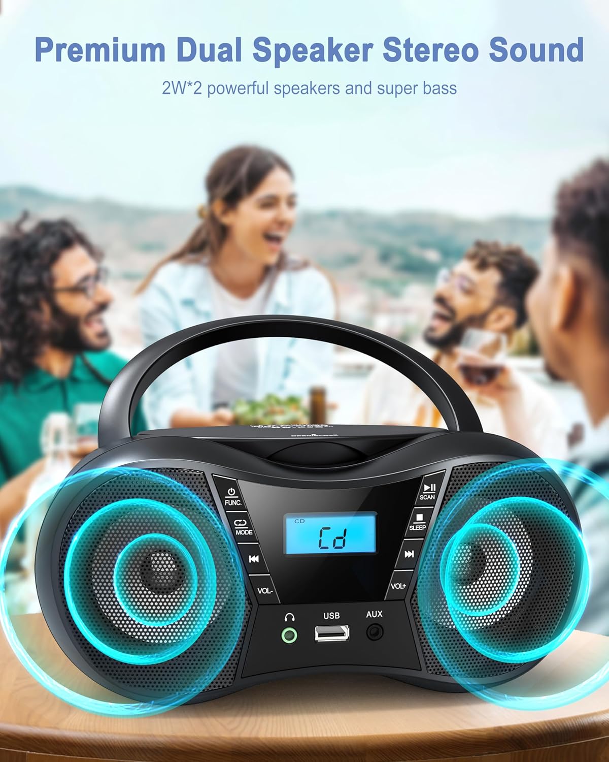 Portable CD Player Boombox with FM Radio, Bluetooth, LCD Display, USB/AUX Input, AC/Battery Powered W86219