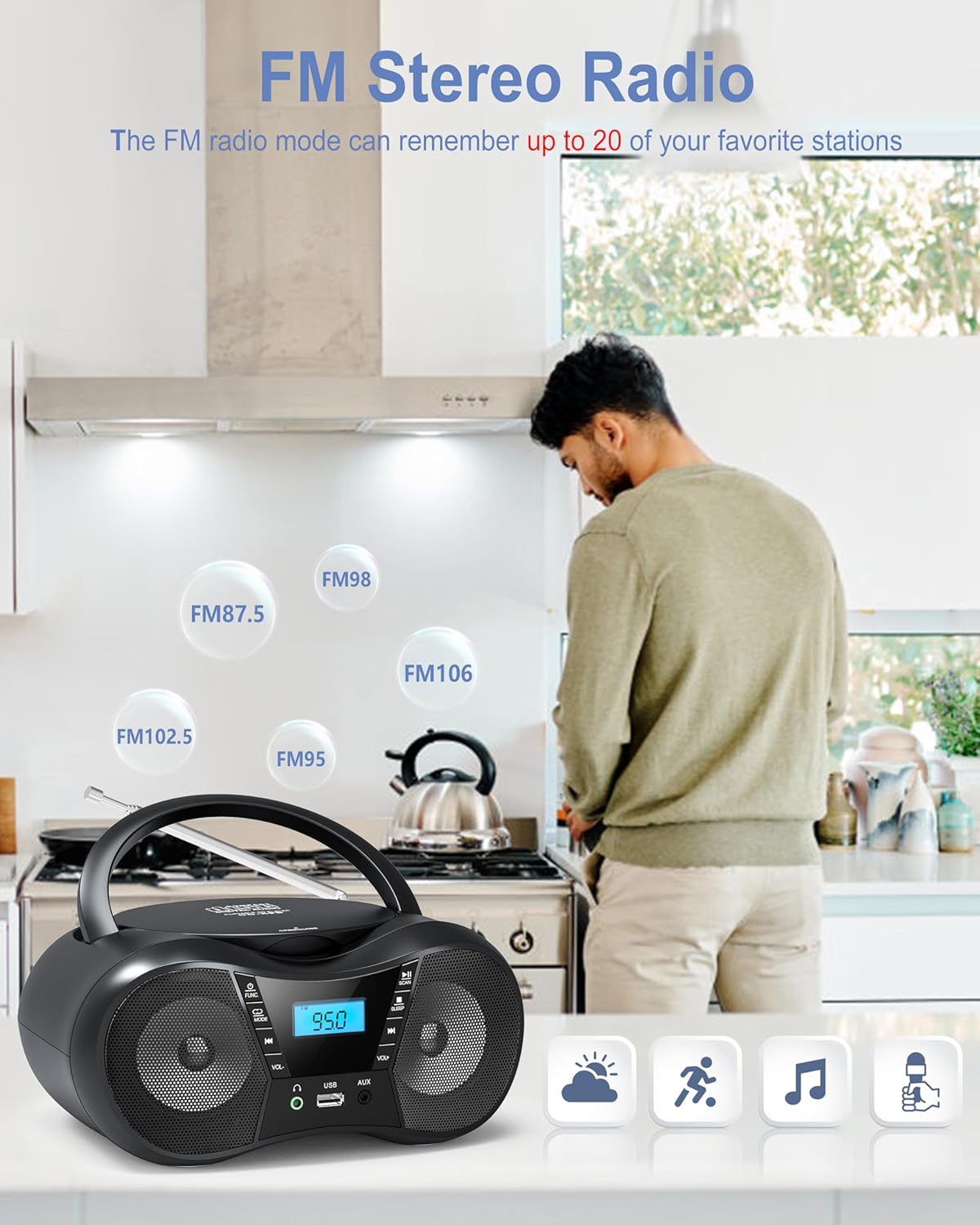 Portable CD Player Boombox with FM Radio, Bluetooth, LCD Display, USB/AUX Input, AC/Battery Powered W86219
