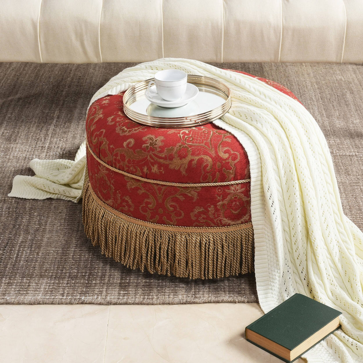 Red & Gold Jacquard Round Ottoman Footstool J684