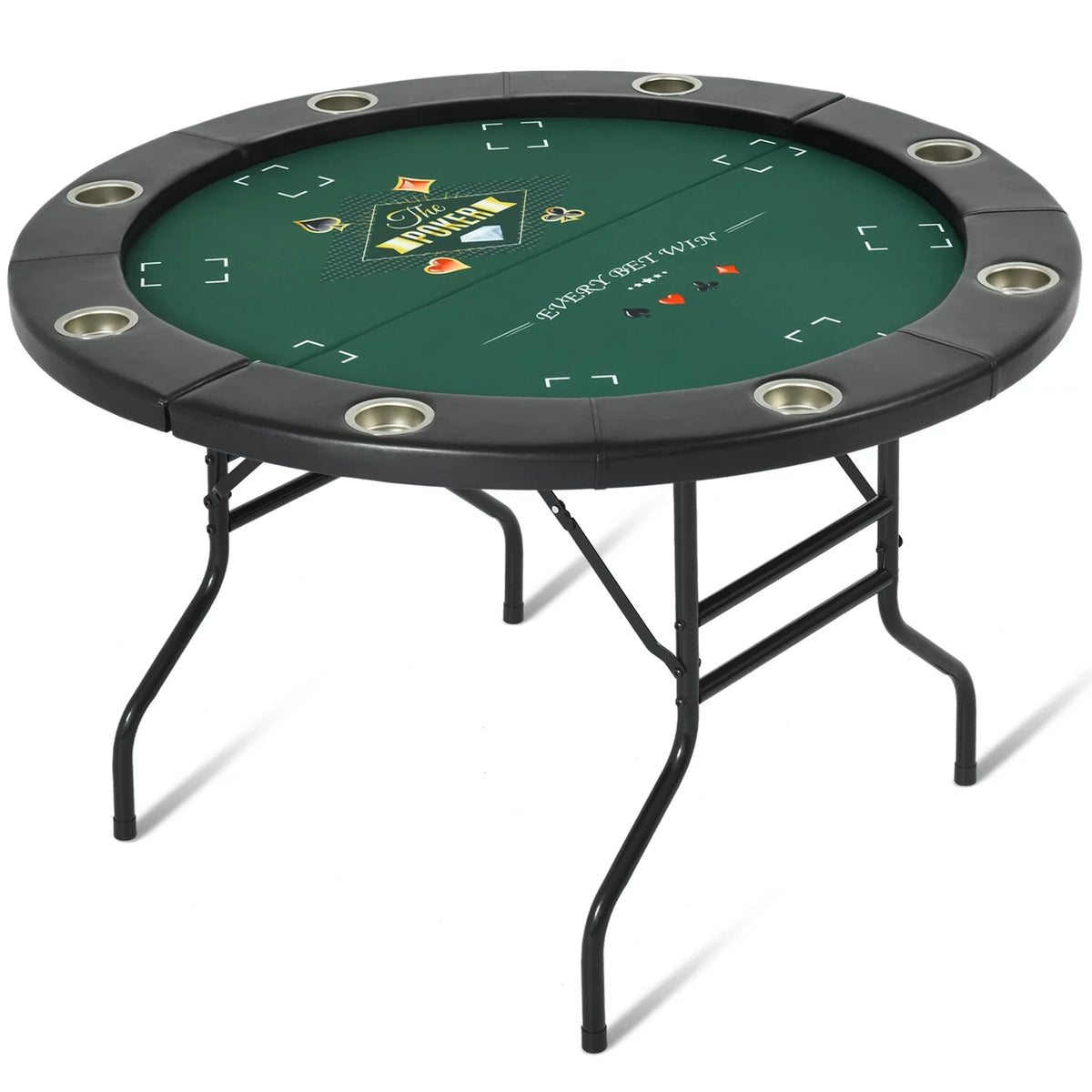 Round Poker Table Foldable 8 Players Stainless Steel Cup Holders Black 48 Inch Z7410