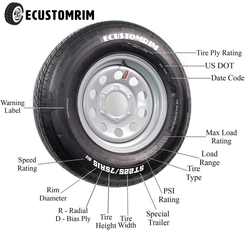 ST225/75R15 15 D 6 Lug White Spoke Trailer Tire On Rim S3791