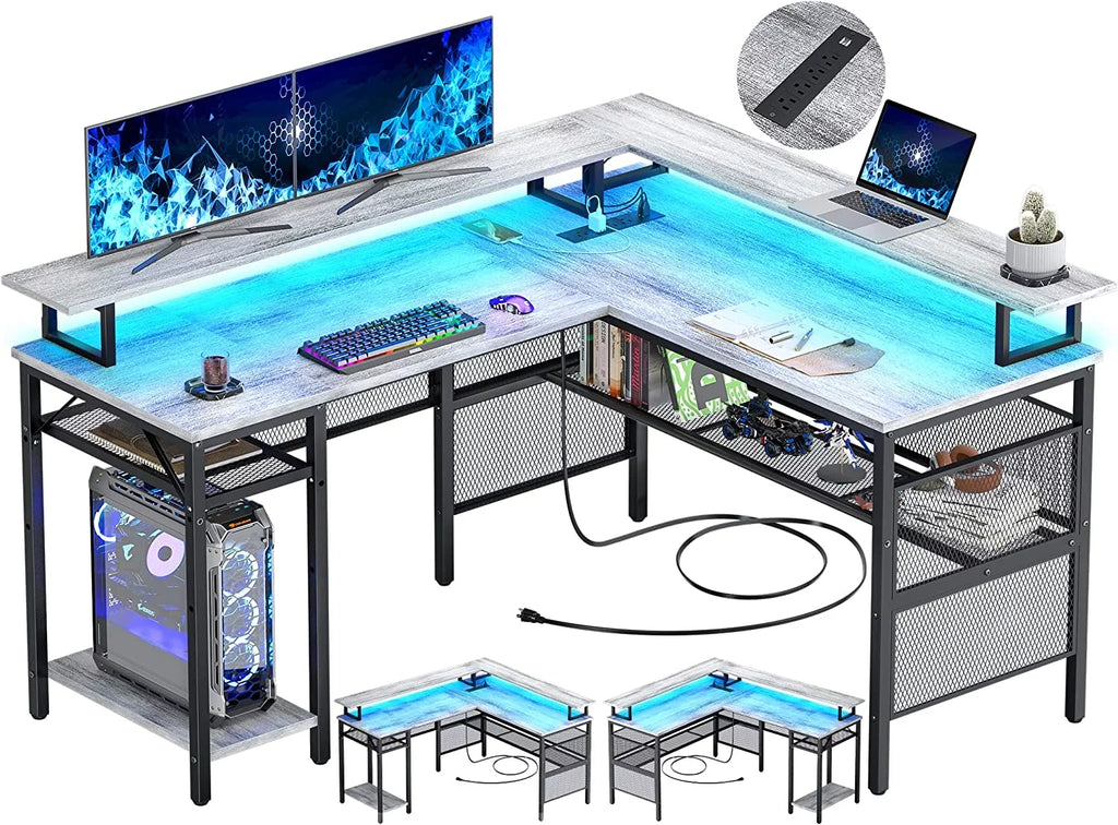 White Oak 55 inch L Shaped Desk with Power Outlets and LED Light G542872