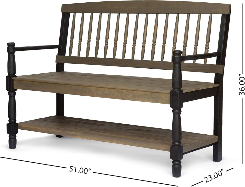 Gray and Black Acacia Wood Bench with Shelf U597