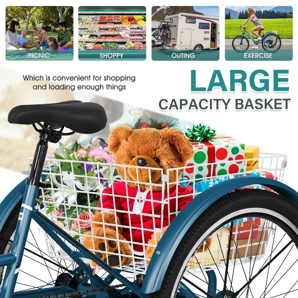 Adult Tricycle 7 Speed 26 Inch Three Wheel Bike with Shopping Basket A995