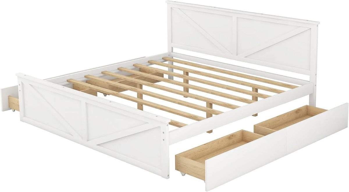 White Wood Platform Bed Frame with 4 Storage Drawers U6498