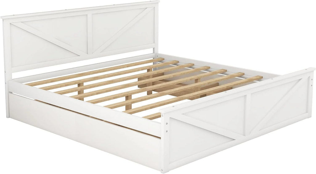 White Wood Platform Bed Frame with 4 Storage Drawers U6498