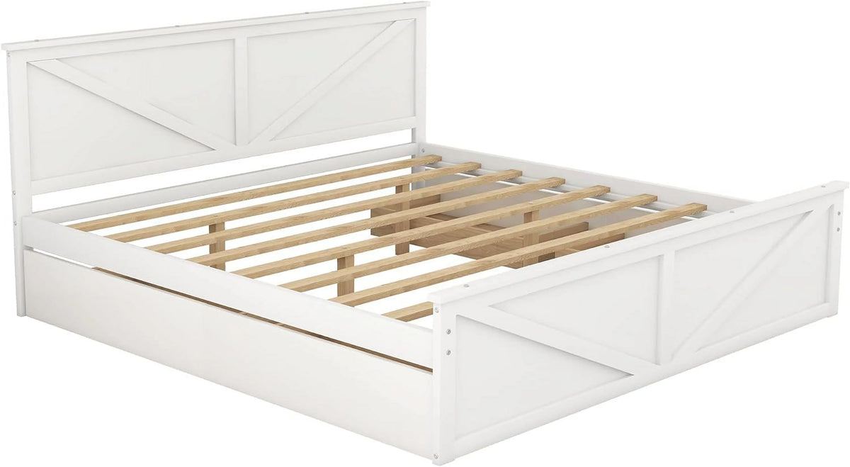 White Wood Platform Bed Frame with 4 Storage Drawers U6498