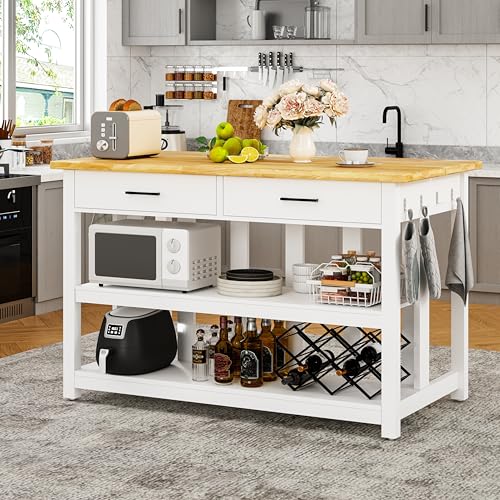 Solid Rubberwood Kitchen Island with Power Outlets, 2 Drawers & Open Shelves (Grey) G74630