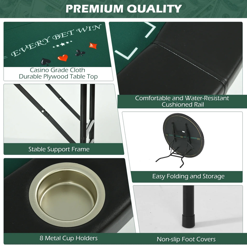 Round Poker Table Foldable 8 Players Stainless Steel Cup Holders Black 48 Inch Z7410
