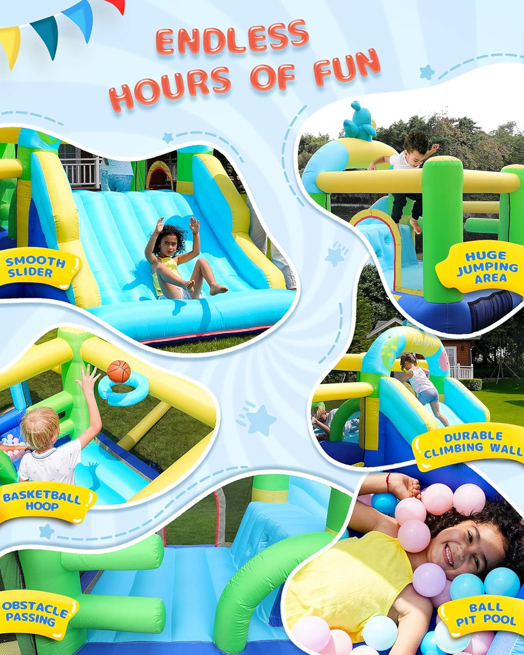 Inflatable Bounce House with Blower, Wide Slide, Ball Pool W328