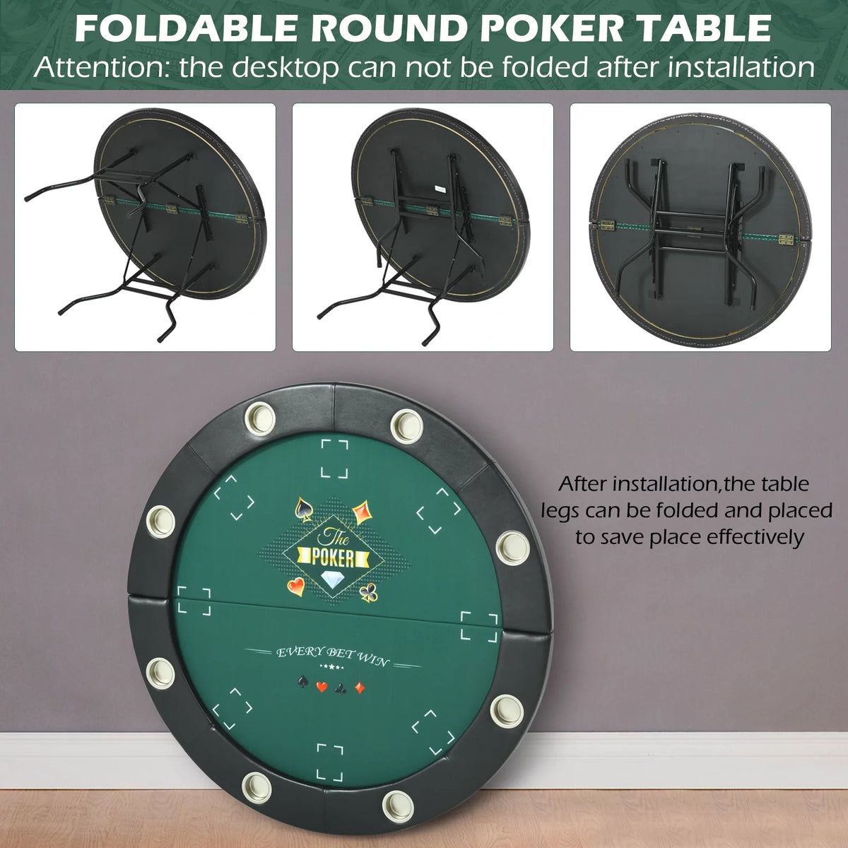 Round Poker Table Foldable 8 Players Stainless Steel Cup Holders Black 48 Inch Z7410