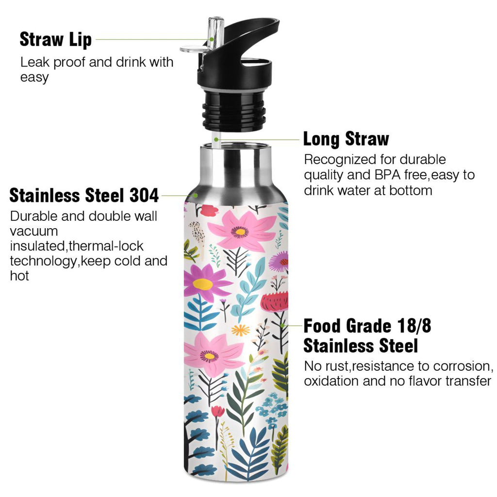 Pink Blue Flowers Stainless Steel Insulated Water Bottle with Straw Lid S540543
