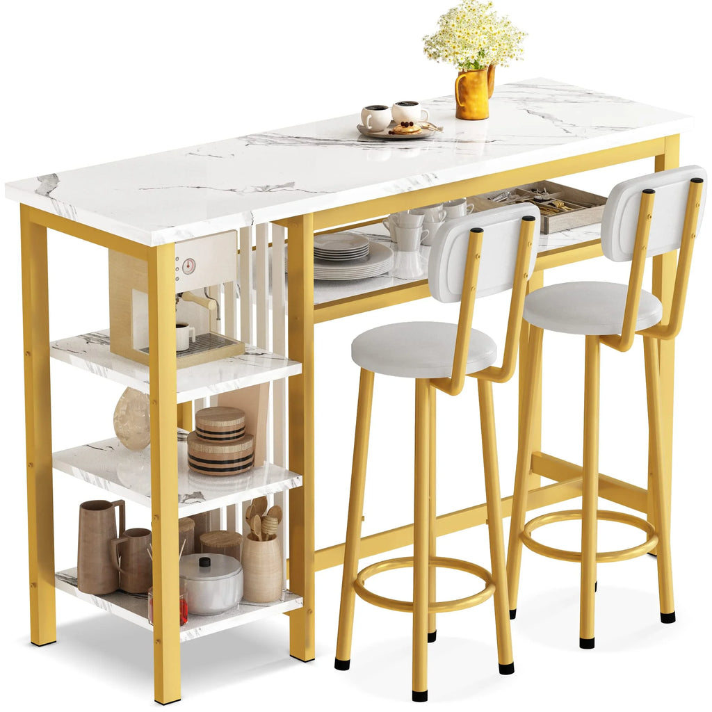 White Gold Bar Table Set with 2 PU Upholstered Stools and 4 Storage Shelves T343