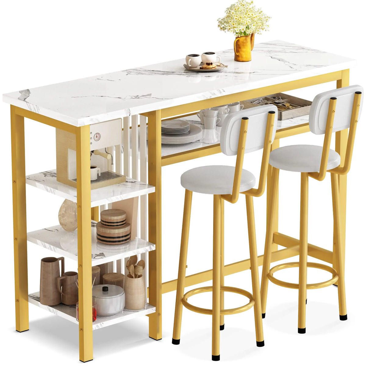 White Gold Bar Table Set with 2 PU Upholstered Stools and 4 Storage Shelves T343