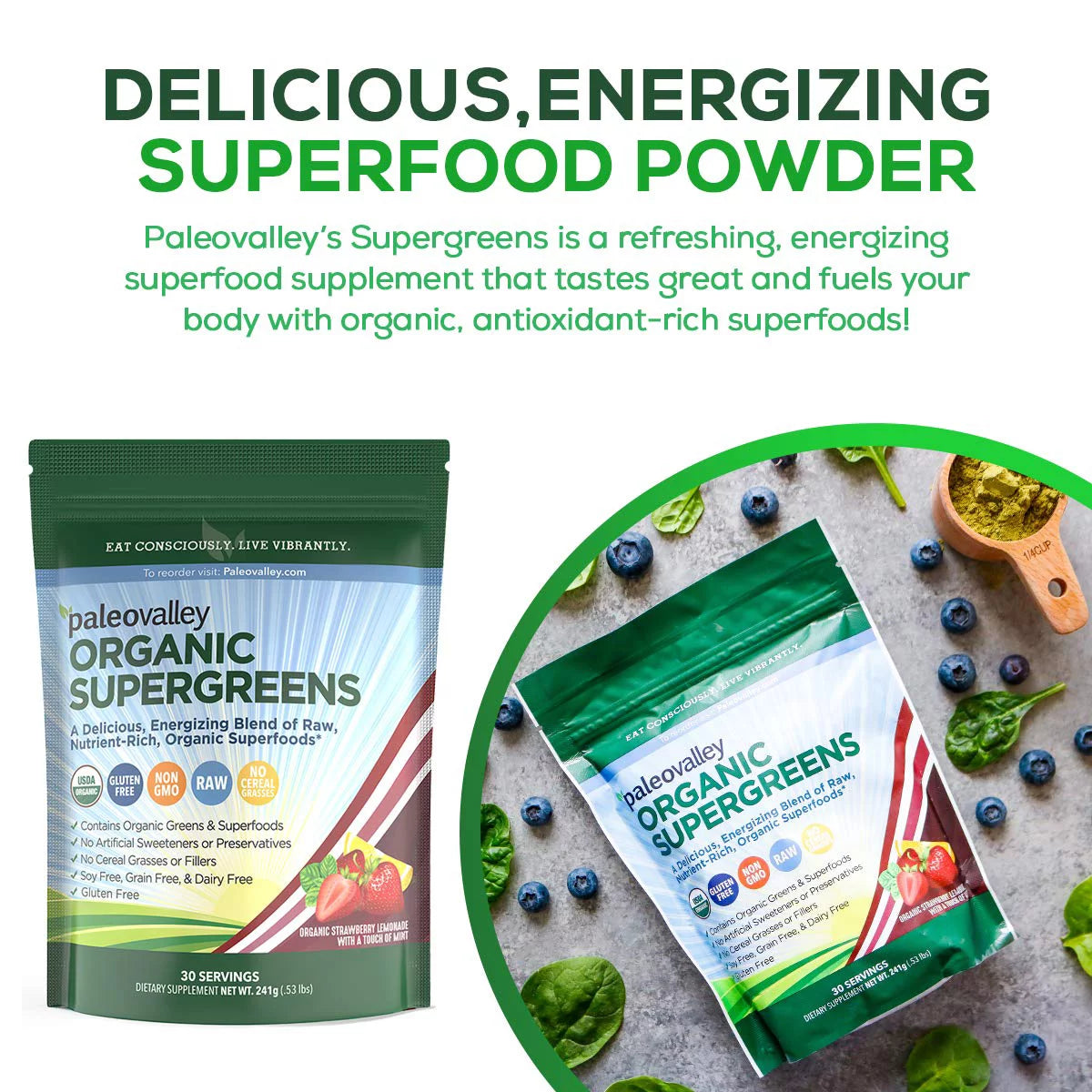 Organic Supergreens Raw Green Superfood Powder 30 Servings S799