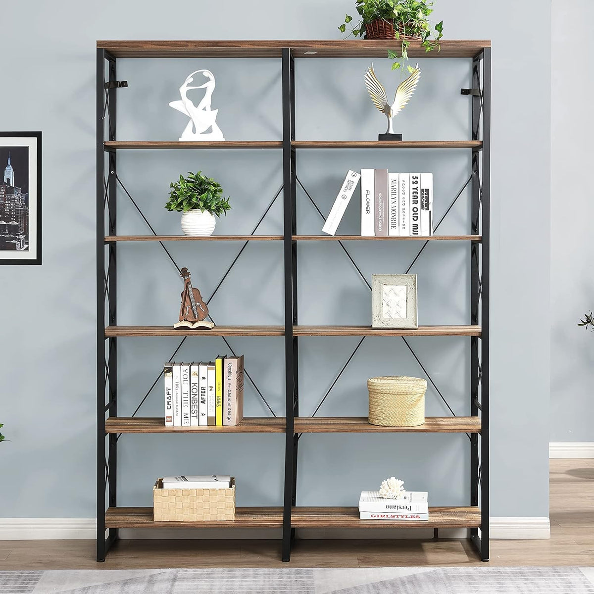 Vintage Brown 6-Tier Industrial Bookshelf with Metal Frame W9445