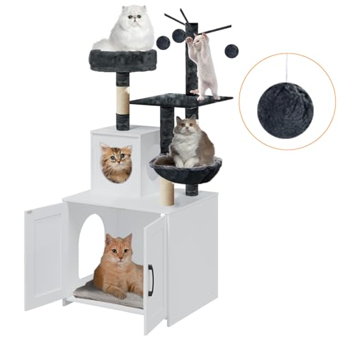 Grey Wood Cat Tree with Litter Box Enclosure Y8381