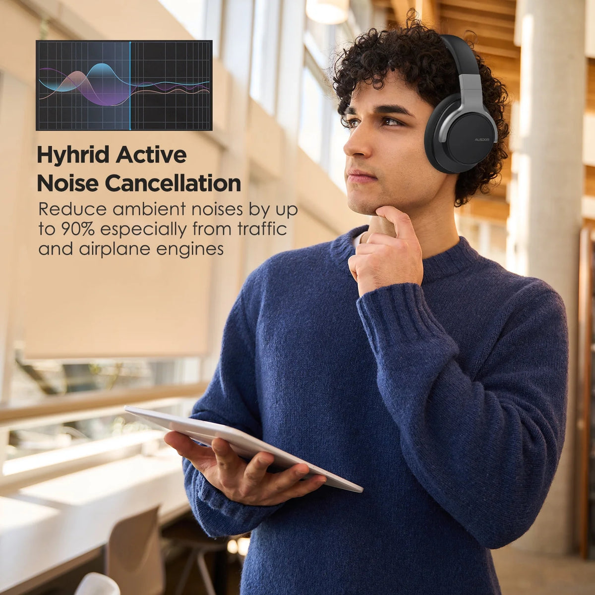 Black Active Noise Cancelling Wireless Over Ear Headphones with Mic N57853