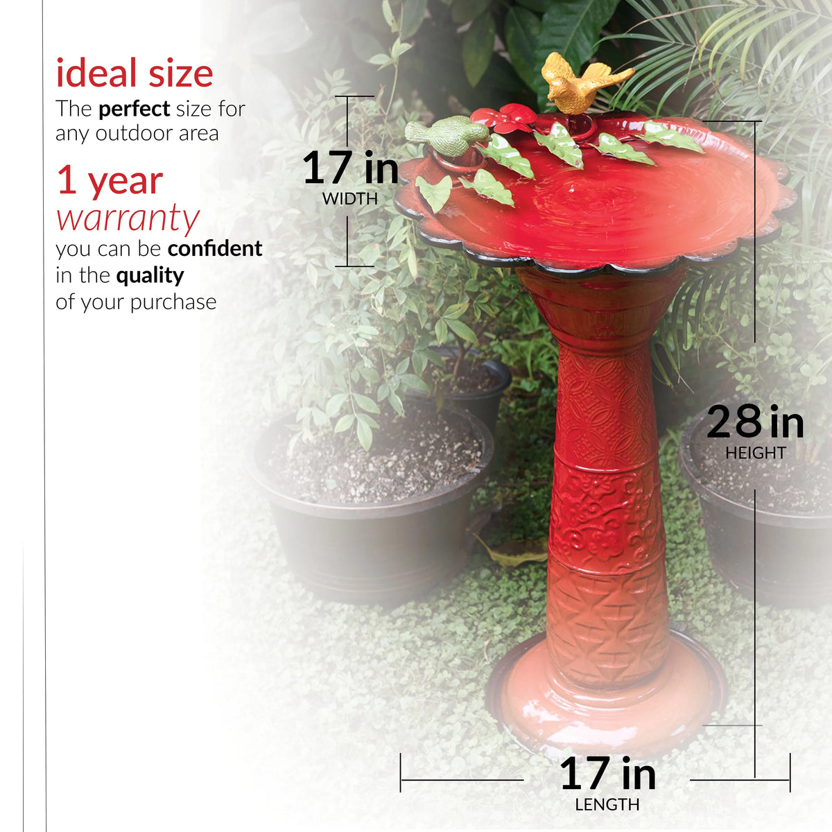 28-Inch Metal Bird Bath with Birds and Leaves, Red N416780