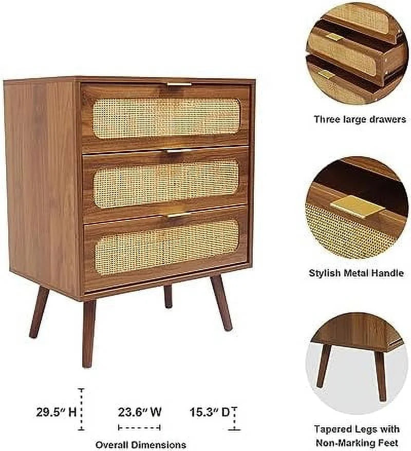 Rattan 3 Drawer Wood Dresser Cabinet H257