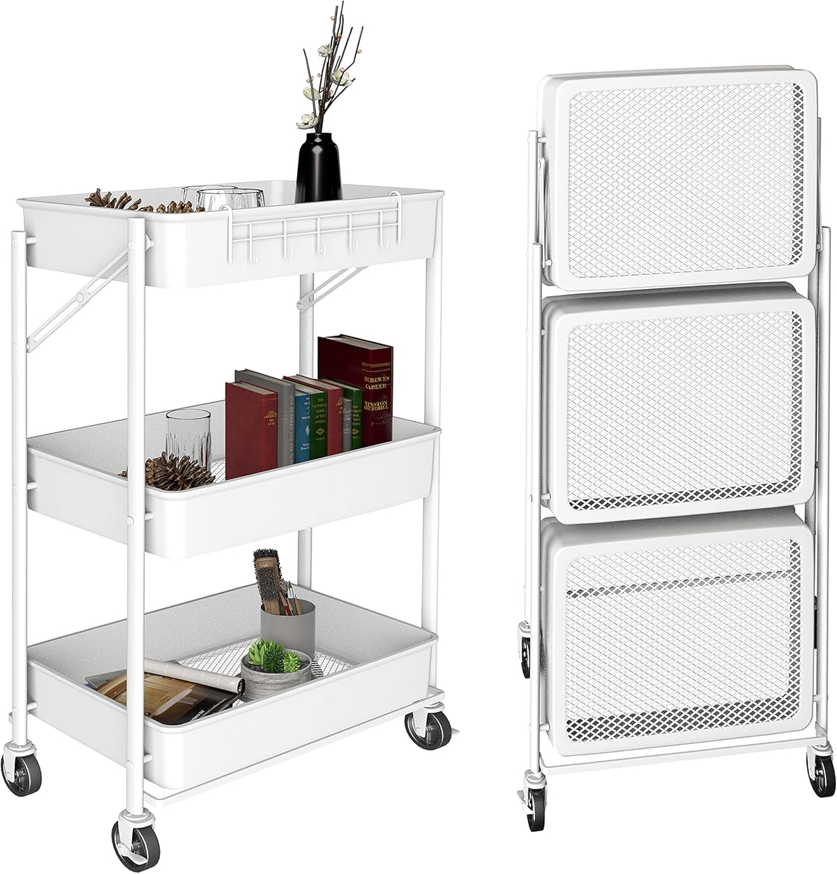 White 3 Tier Foldable Metal Rolling Cart with Wheels C1143