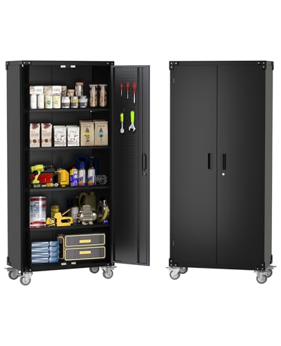 Metal Storage Cabinet with Wheels, Steel Tool Cabinet with Pegboard and 4 Adjustable Shelves N542585