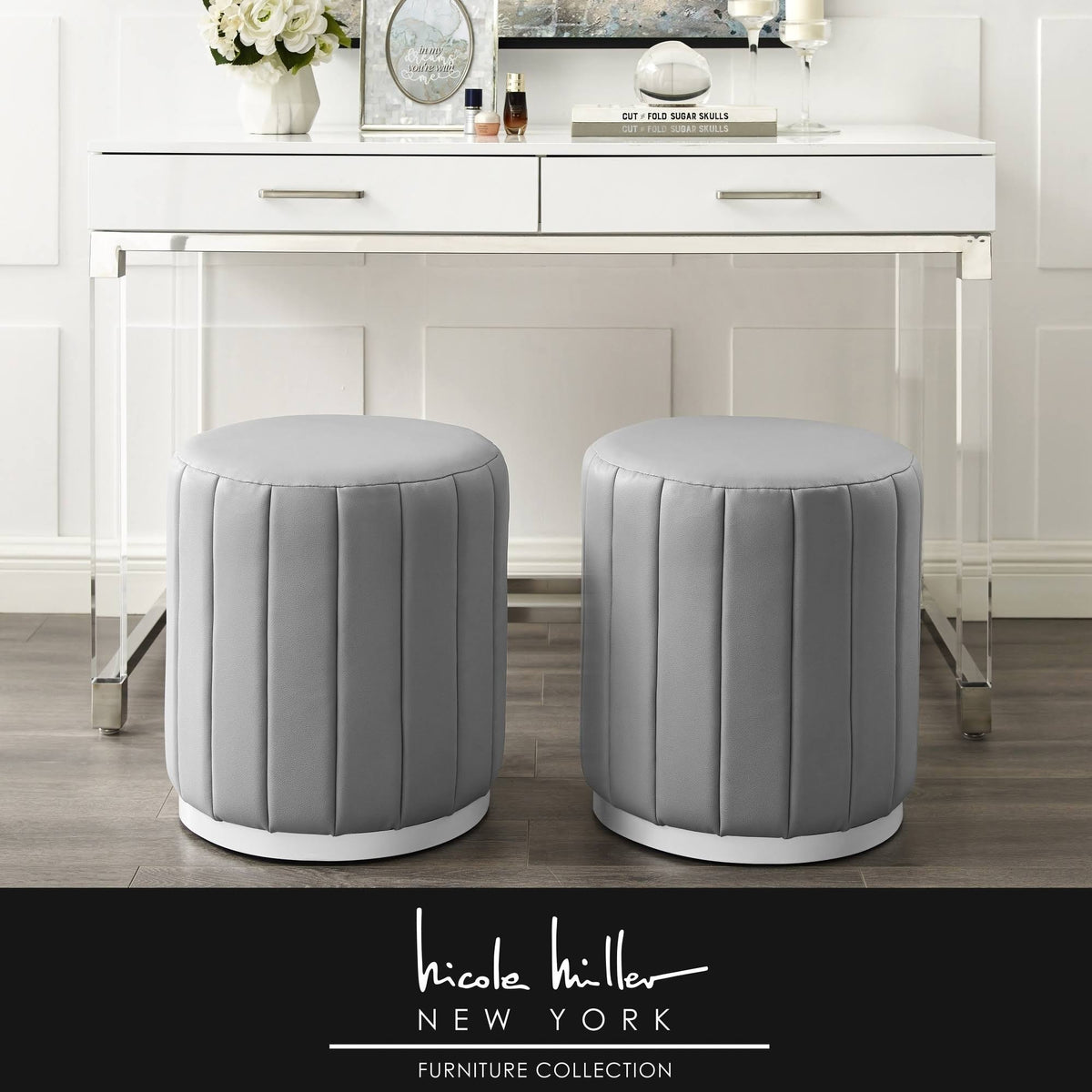 Grey/Silver Leather Round Ottoman G617