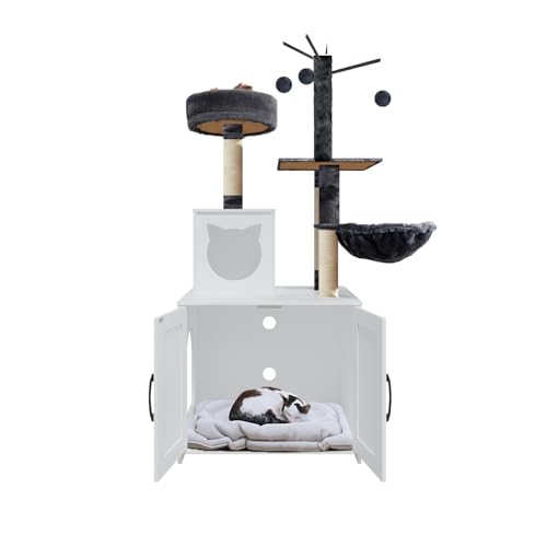 Grey Wood Cat Tree with Litter Box Enclosure Y8381
