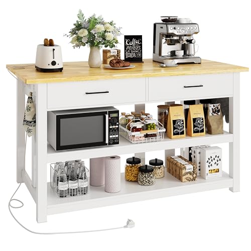 Solid Rubberwood Kitchen Island with Power Outlets, 2 Drawers & Open Shelves (Grey) G74630