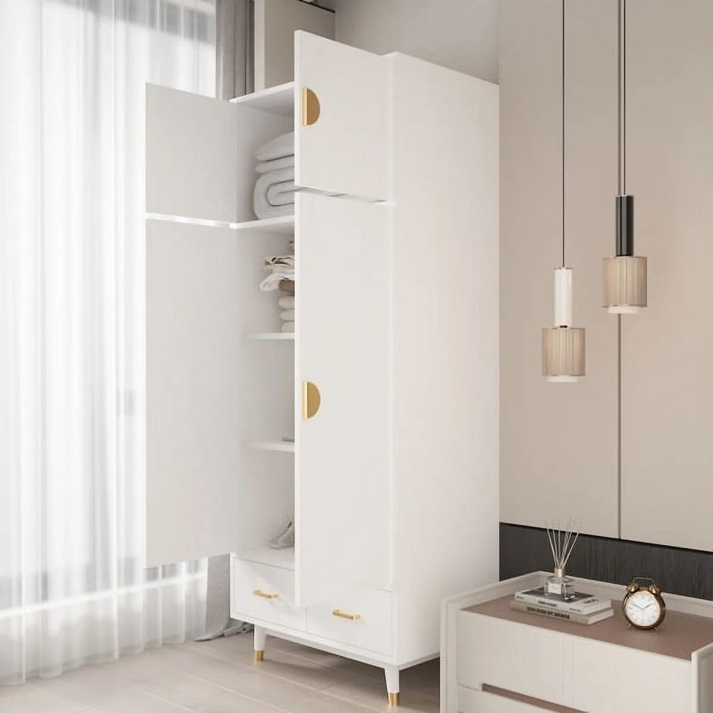 4 Door Wood Wardrobe with Clothing Rod and 2 Drawers, White T293424