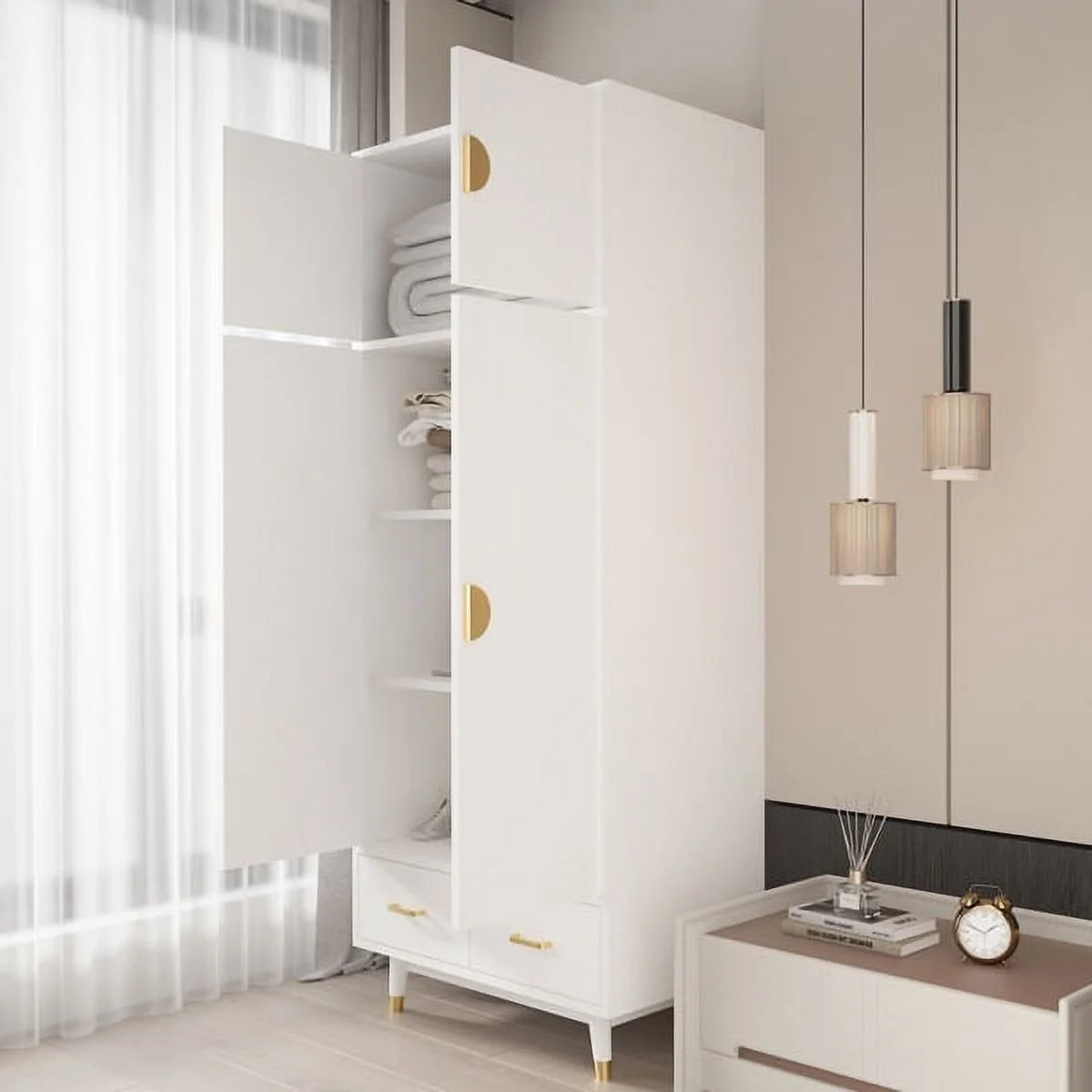 4 Door Wood Wardrobe with Clothing Rod and 2 Drawers, White T293424