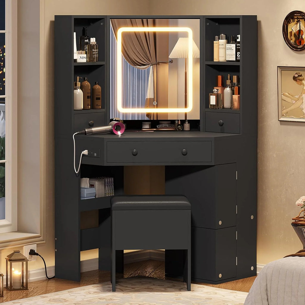 Black Makeup Desk with Lighted Mirror and Charging Station J864