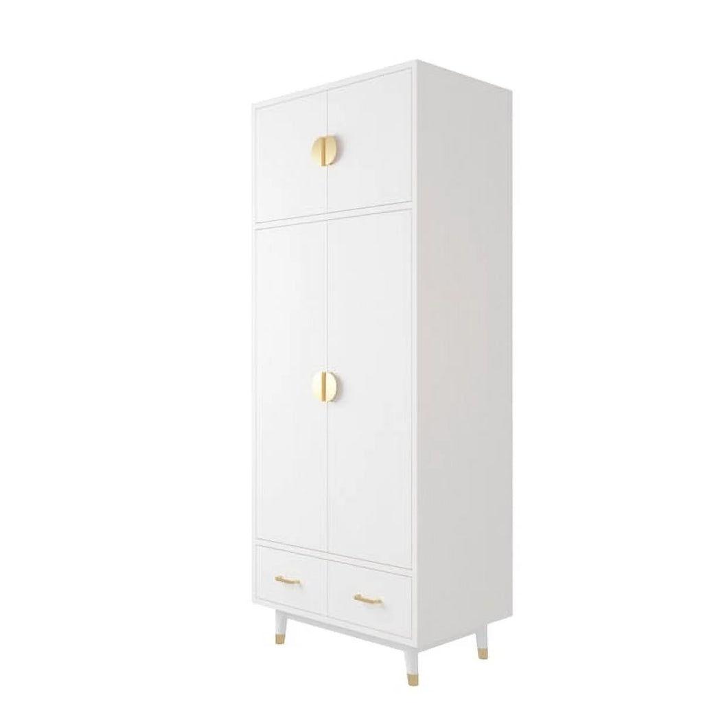 4 Door Wood Wardrobe with Clothing Rod and 2 Drawers, White T293424
