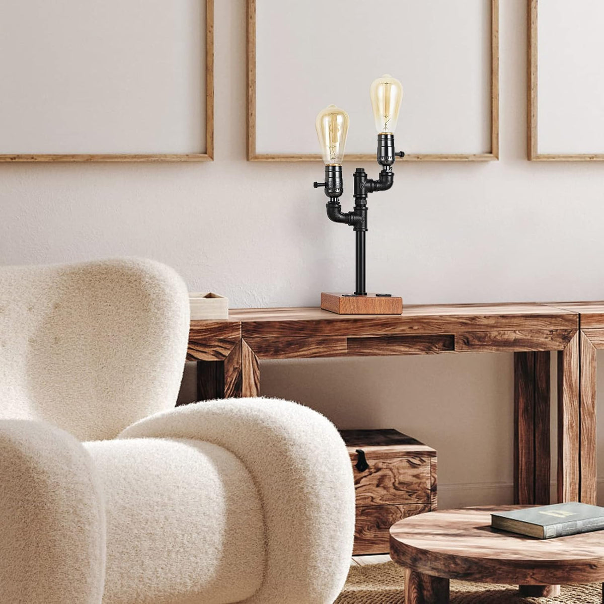 Industrial Table Lamp with 2 USB Ports AC Outlet Wood Base D7394