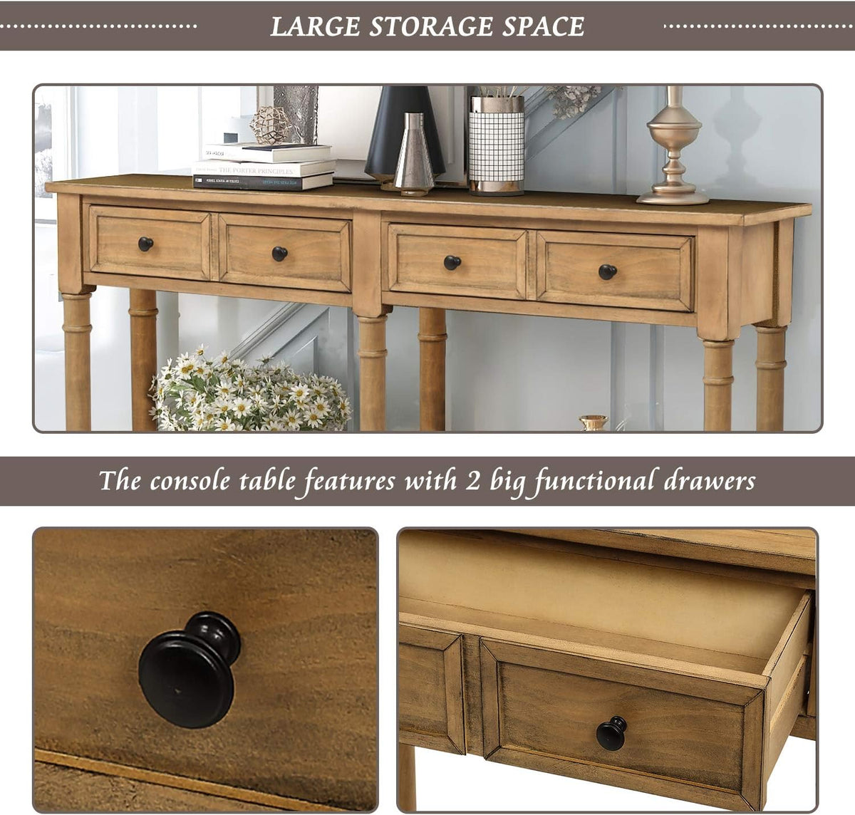 Old Pine Solid Wood Console Sofa with Two Storage Drawers and Bottom Shelf R6635