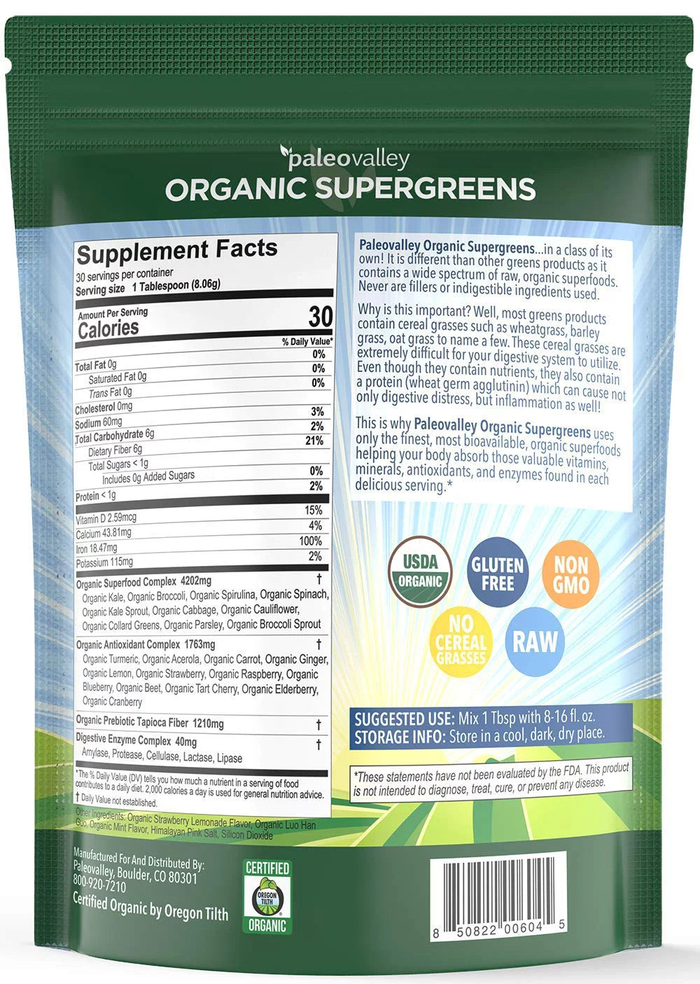 Organic Supergreens Raw Green Superfood Powder 30 Servings S799