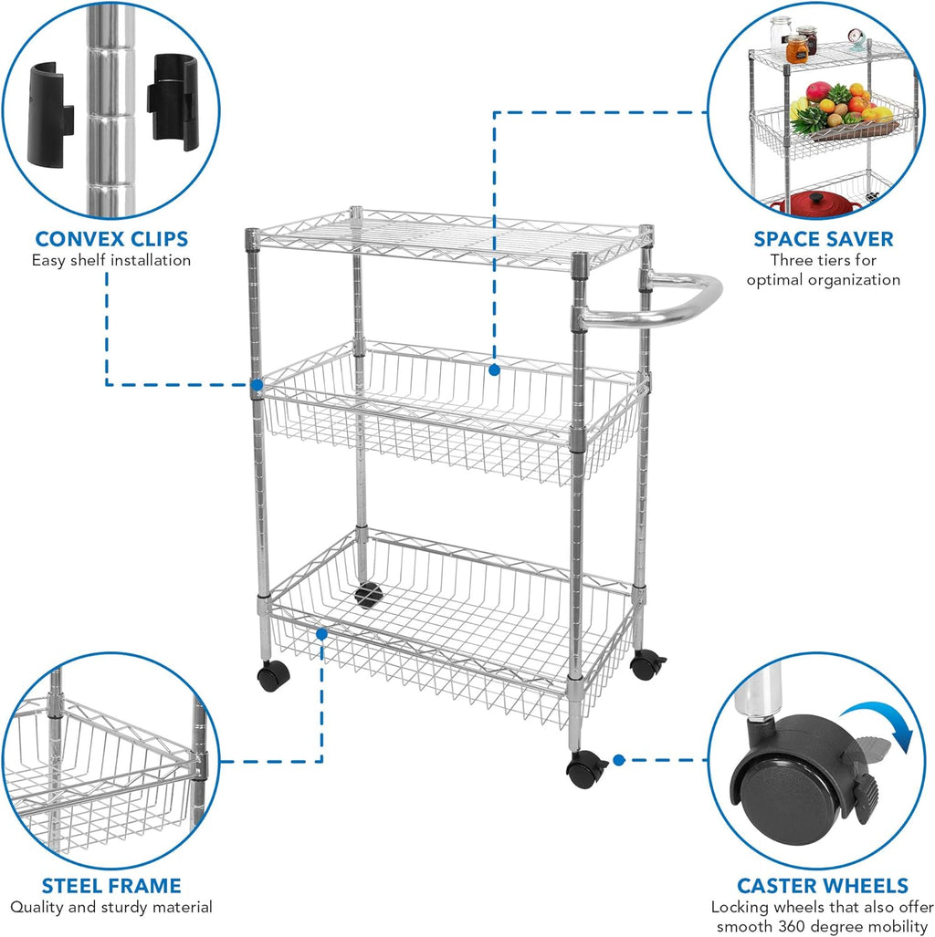 3-Tier Silver Metal Rolling Cart with Wheels A380612