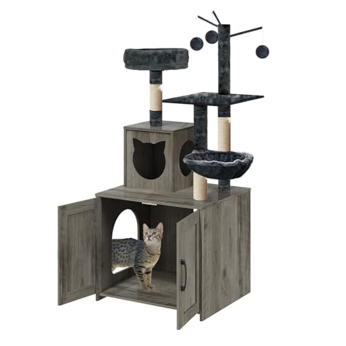 Grey Wood Cat Tree with Litter Box Enclosure Y8381
