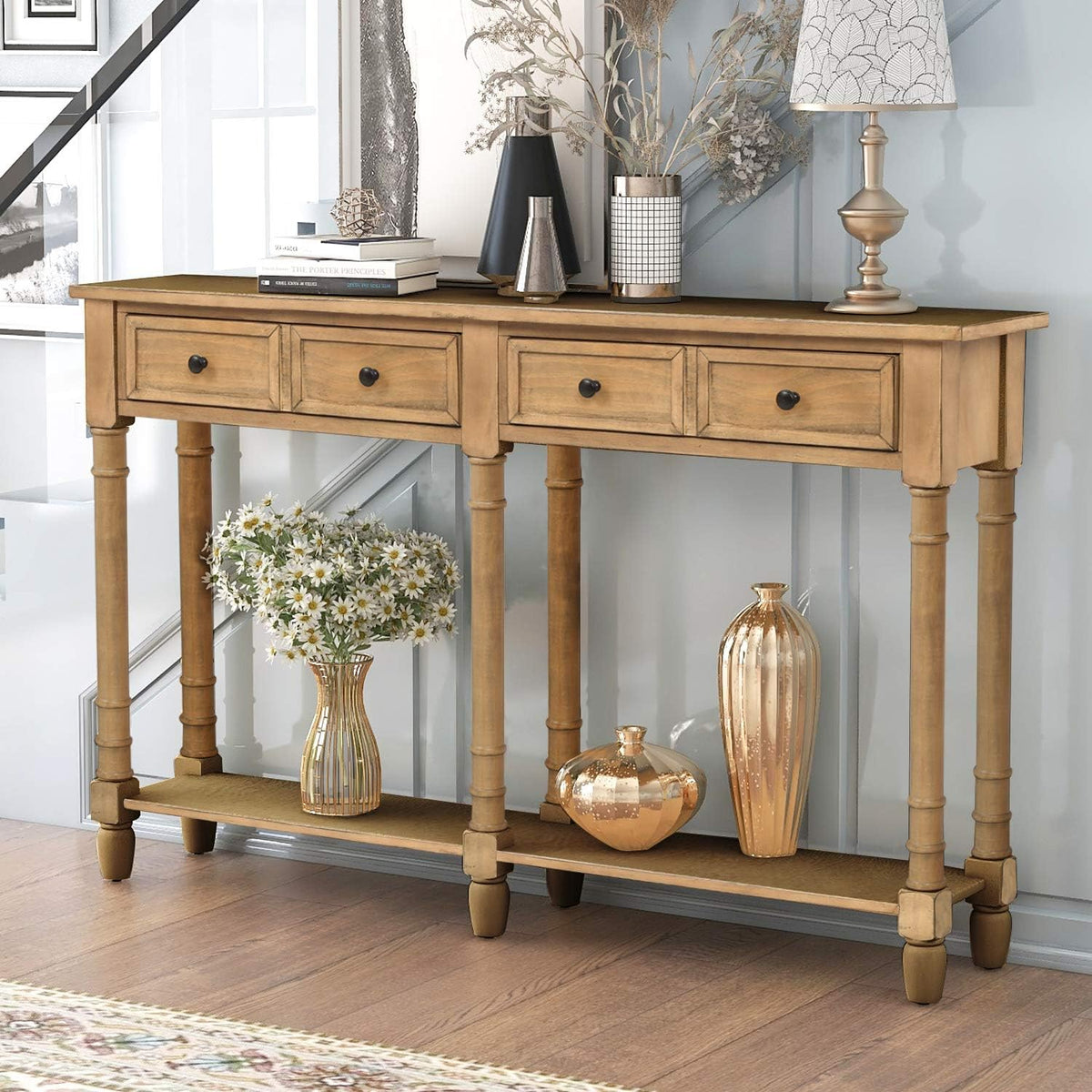 Old Pine Solid Wood Console Sofa with Two Storage Drawers and Bottom Shelf R6635