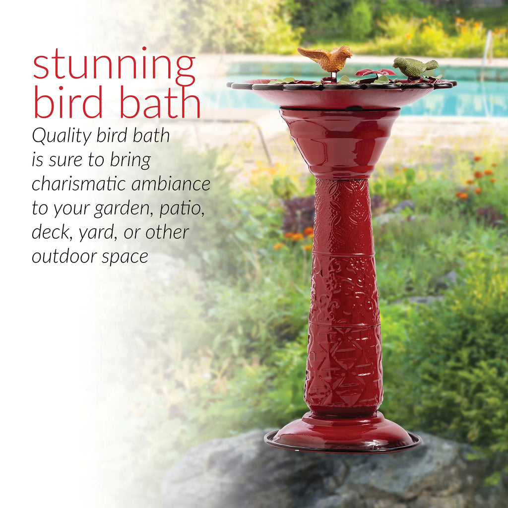 28-Inch Metal Bird Bath with Birds and Leaves, Red N416780