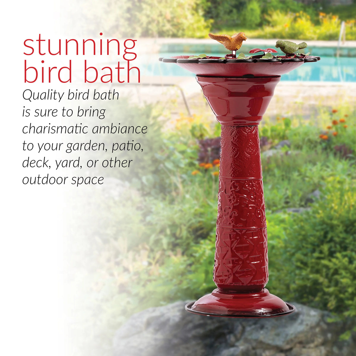 28-Inch Metal Bird Bath with Birds and Leaves, Red N416780