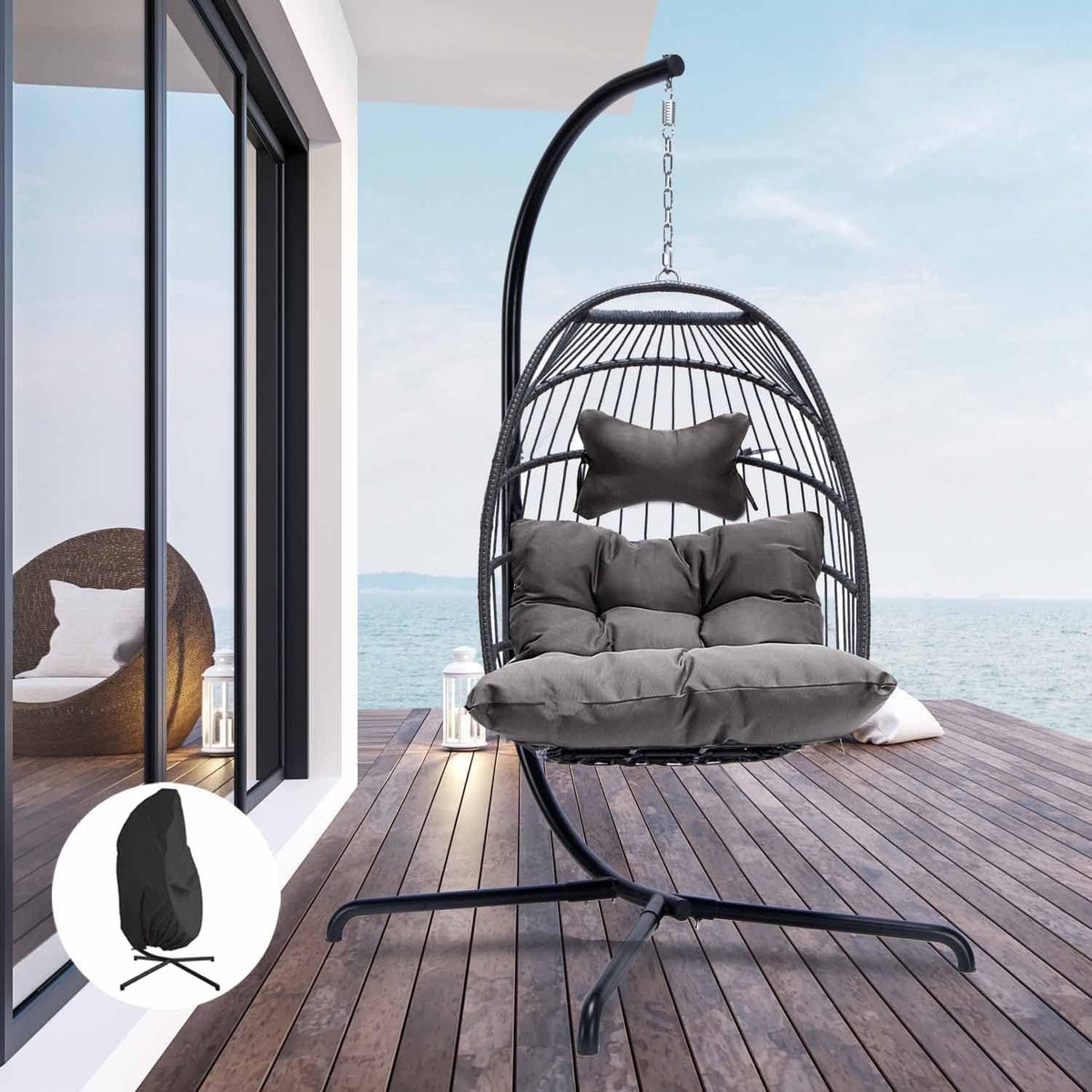 Foldable Brown PE Wicker Hanging Egg Chair with Stand K98788