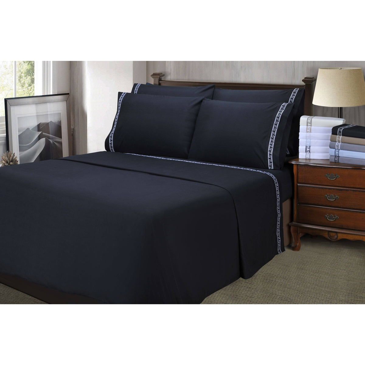 Black California King Embroidery Sheet Set T41430
