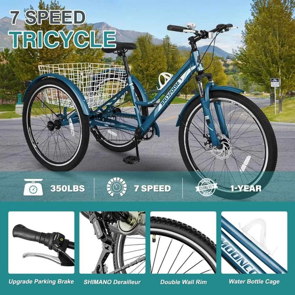 Adult Tricycle 7 Speed 26 Inch Three Wheel Bike with Shopping Basket A995