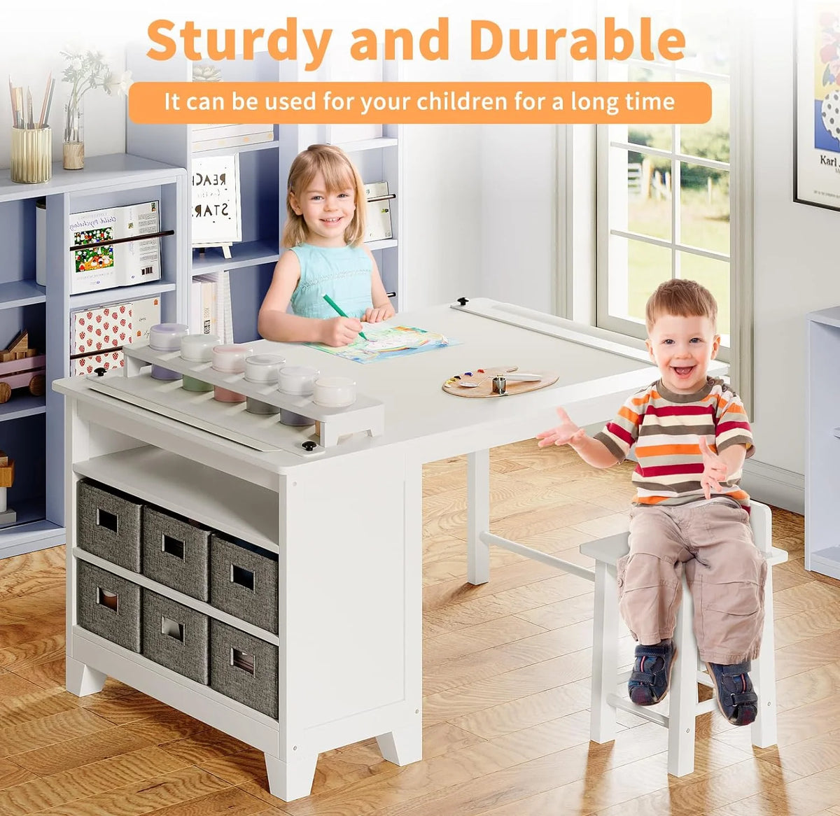 Wooden Kids Art Table and Chair Set with Storage Shelves Q31973