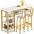 White Gold Bar Table Set with 2 PU Upholstered Stools and 4 Storage Shelves T343
